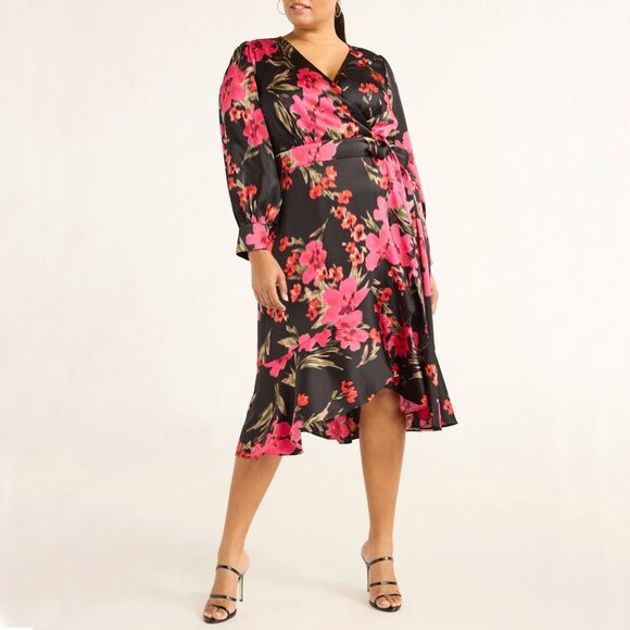 Sofia Floral Dress XXXL (22) Faux Wrap Ruffle Mid Calf Length Silky Flowy - Picture 2 of 13